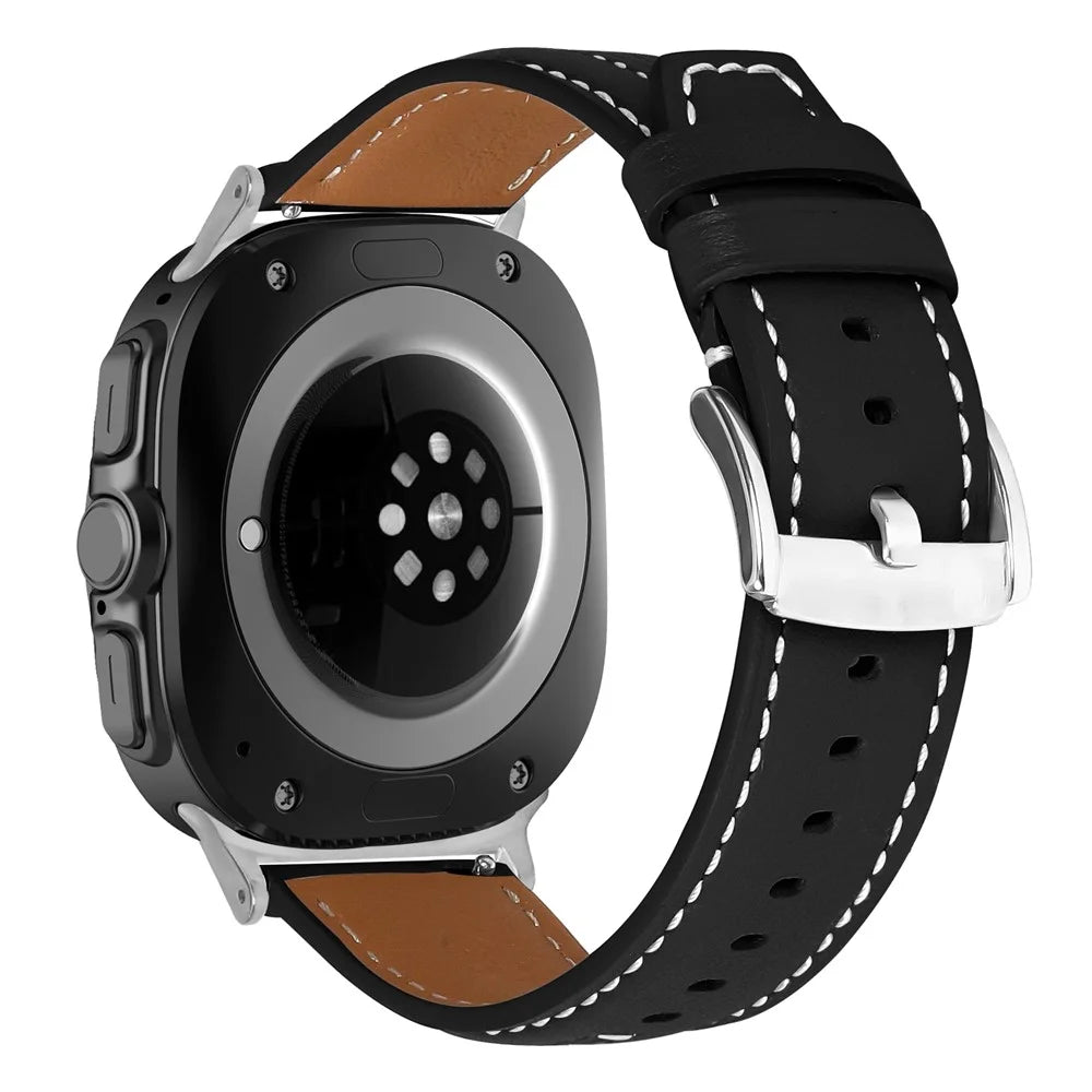 Leather Watch Band for Samsung Galaxy Watch8 44mm / 40mm / Watch8 Classic 46mm Wristband with Stitching - Black - 1
