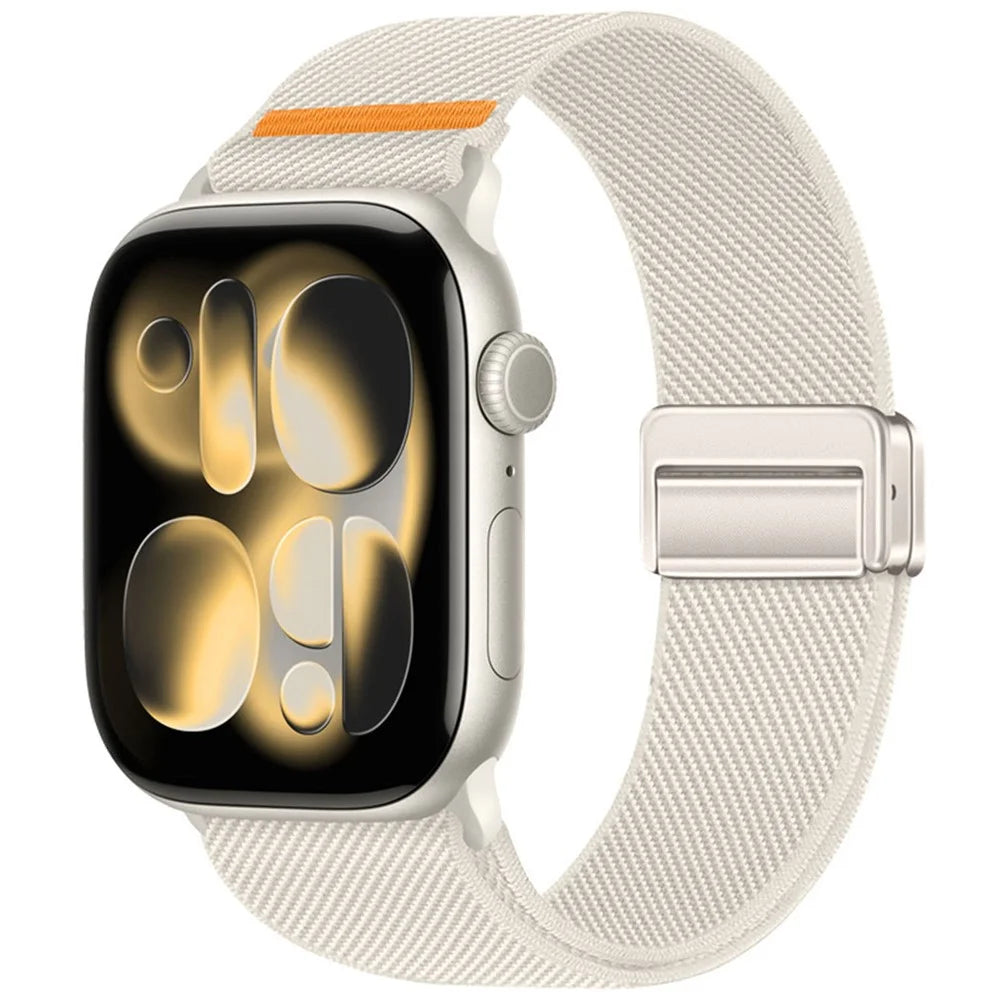 Double Magnetic Buckle Strap for Apple Watch Series 11 10 42mm / 9 8 7 41mm / SE3 SE2 SE 6 5 4 40mm / 3 2 1 38mm Stretchy Woven Nylon Band - Starlight - 2
