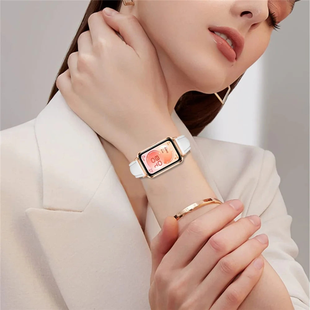 Watch Band for Huawei Band 11 Pro NFC / 11 NFC / 11 Pro / 11 Rose Gold Buckle Slim Leather Strap - White - 5