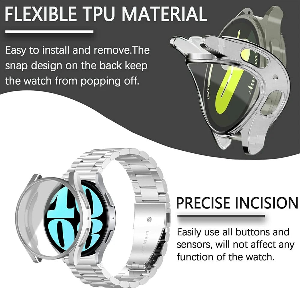For Samsung Galaxy Watch7 40mm 3-Bead Stainless Steel Strap with TPU Full Cover Watch Case and Removal Tool - Silver - 3