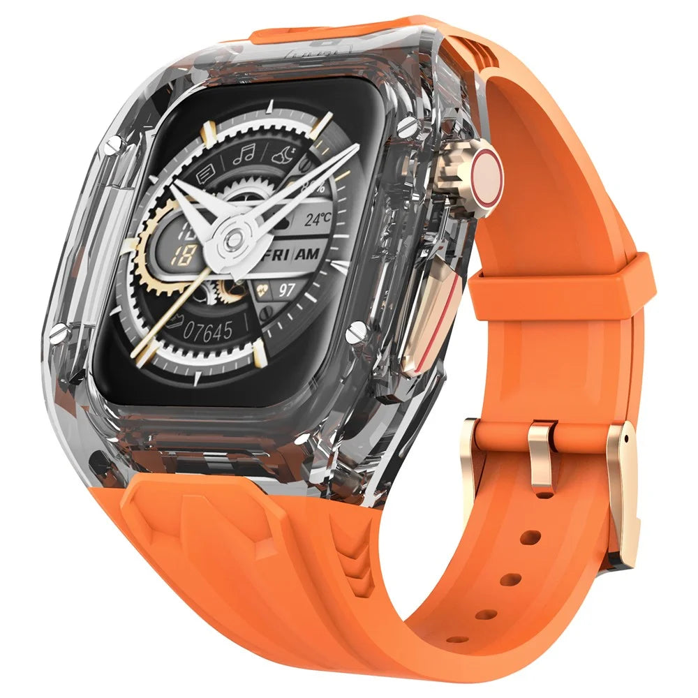 AHASTYLE WE28 Strap for Apple Watch Series 9 8 7 41mm / SE3 SE2 SE 6 5 4 40mm Silicone Band with Integrated Watch Case - Orange+Transparent Black - 1