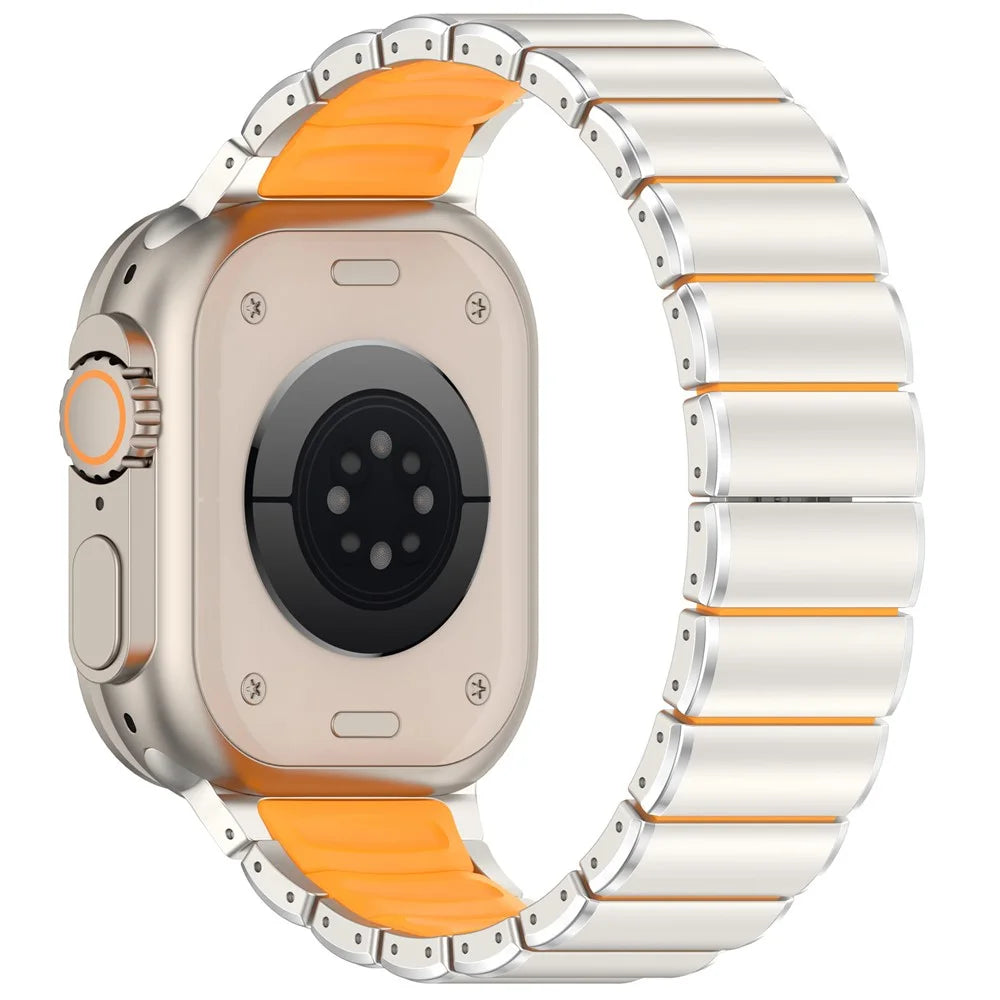 Strap for Apple Watch Ultra 3 2 1 49mm / Series 11 10 46mm / 9 8 7 45mm / SE3 SE2 SE 6 5 4 44mm / 3 2 1 42mm Titanium Alloy + Rubber Band with Foldable Buckle - Titanium+Orange - 1