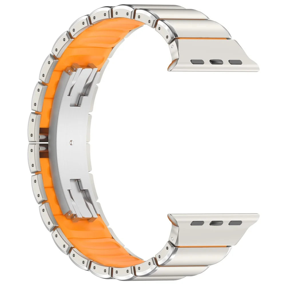 Strap for Apple Watch Ultra 3 2 1 49mm / Series 11 10 46mm / 9 8 7 45mm / SE3 SE2 SE 6 5 4 44mm / 3 2 1 42mm Titanium Alloy + Rubber Band with Foldable Buckle - Titanium+Orange - 3