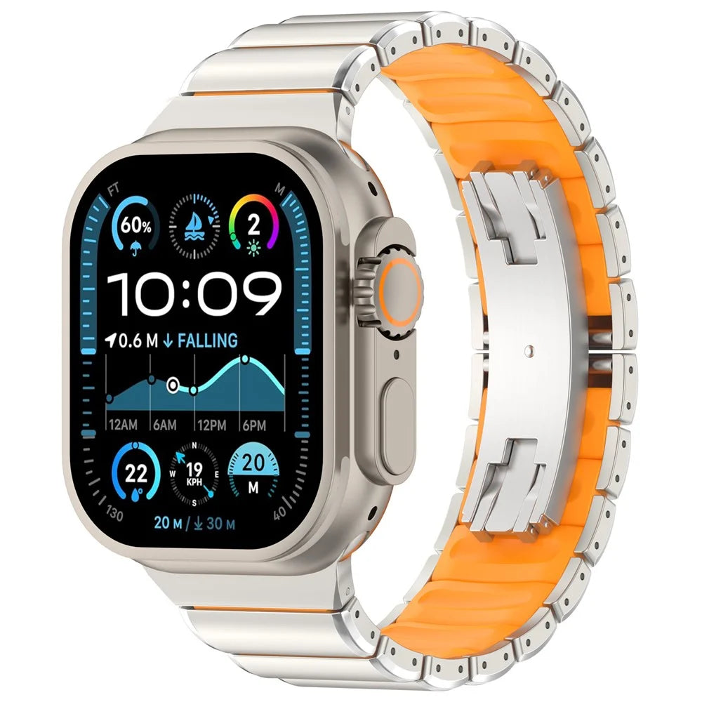 Strap for Apple Watch Ultra 3 2 1 49mm / Series 11 10 46mm / 9 8 7 45mm / SE3 SE2 SE 6 5 4 44mm / 3 2 1 42mm Titanium Alloy + Rubber Band with Foldable Buckle - Titanium+Orange - 4