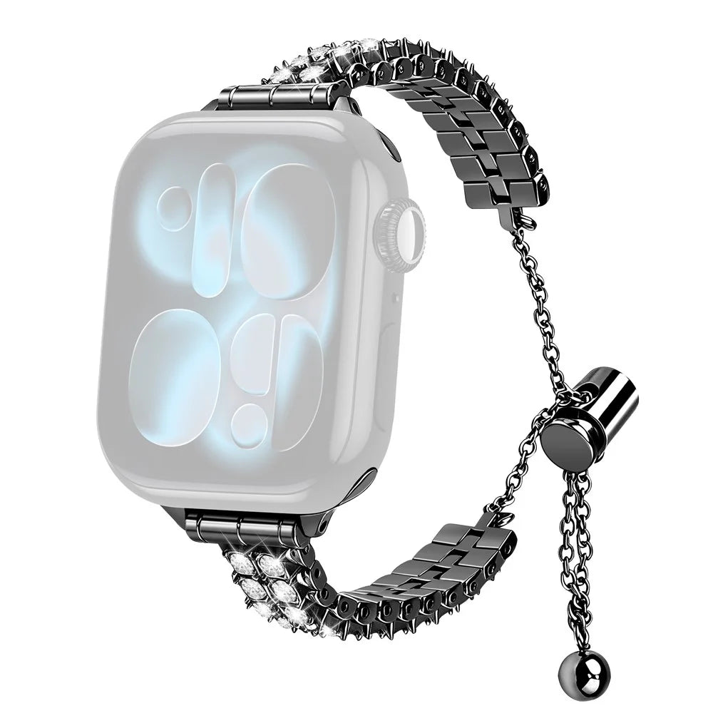 Metal Strap for Apple Watch Ultra 3 2 1 49mm / Series 11 10 46mm / 9 8 7 45mm / SE3 SE2 SE 6 5 4 44mm / 3 2 1 42mm Rhinestone Decor Adjustable Chain Band - Black - 1