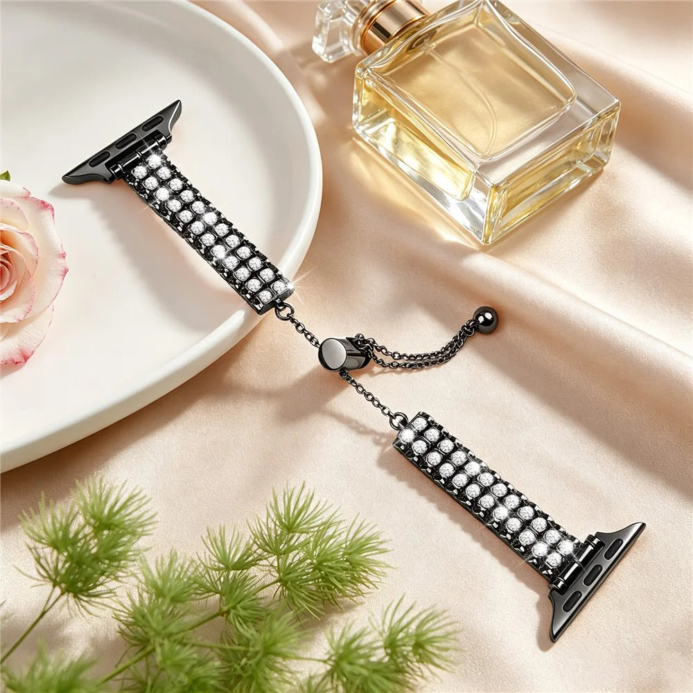 Metal Strap for Apple Watch Ultra 3 2 1 49mm / Series 11 10 46mm / 9 8 7 45mm / SE3 SE2 SE 6 5 4 44mm / 3 2 1 42mm Rhinestone Decor Adjustable Chain Band - Black - 5