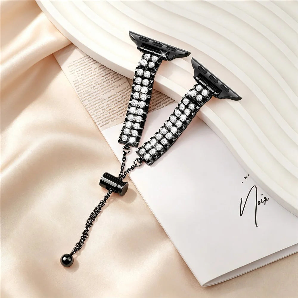 Metal Strap for Apple Watch Ultra 3 2 1 49mm / Series 11 10 46mm / 9 8 7 45mm / SE3 SE2 SE 6 5 4 44mm / 3 2 1 42mm Rhinestone Decor Adjustable Chain Band - Black - 6