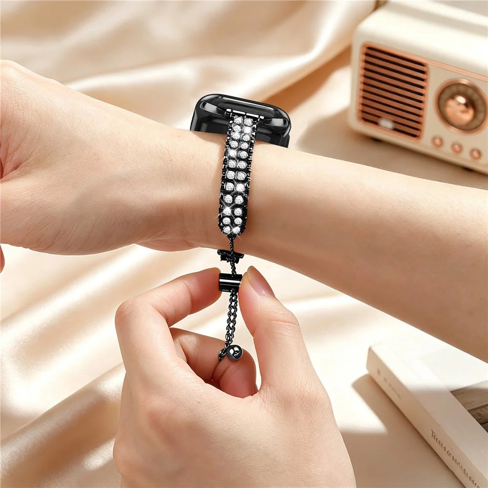 Metal Strap for Apple Watch Ultra 3 2 1 49mm / Series 11 10 46mm / 9 8 7 45mm / SE3 SE2 SE 6 5 4 44mm / 3 2 1 42mm Rhinestone Decor Adjustable Chain Band - Black - 7
