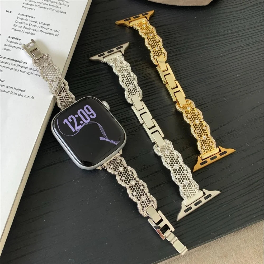 Copper Strap for Apple Watch Series 11 10 42mm / 9 8 7 41mm / SE3 SE2 SE 6 5 4 40mm / 3 2 1 38mm Honeycomb Net Zircon Decor Metal Band - Gold - 6