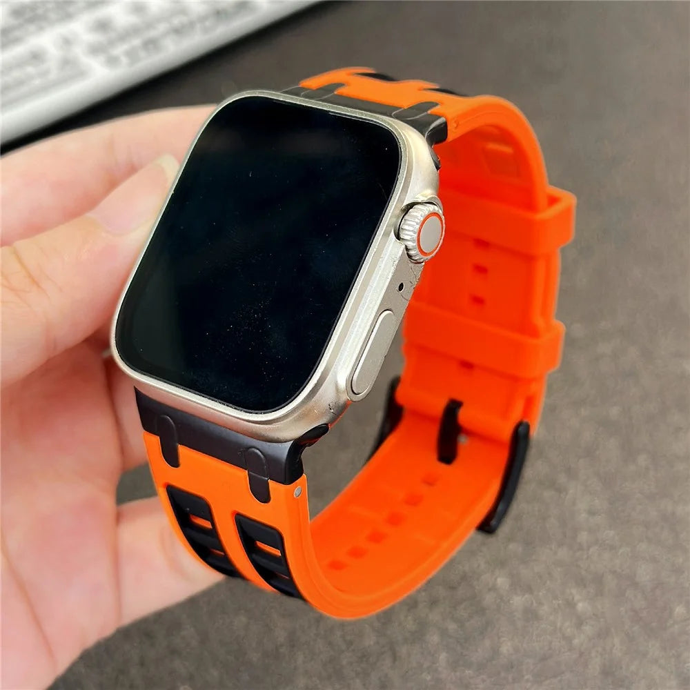 Silicone Strap for Apple Watch Series 11 10 42mm / 9 8 7 41mm / SE3 SE2 SE 6 5 4 40mm / 3 2 1 38mm Dual Color Sports Wristband - Orange+Black - 3