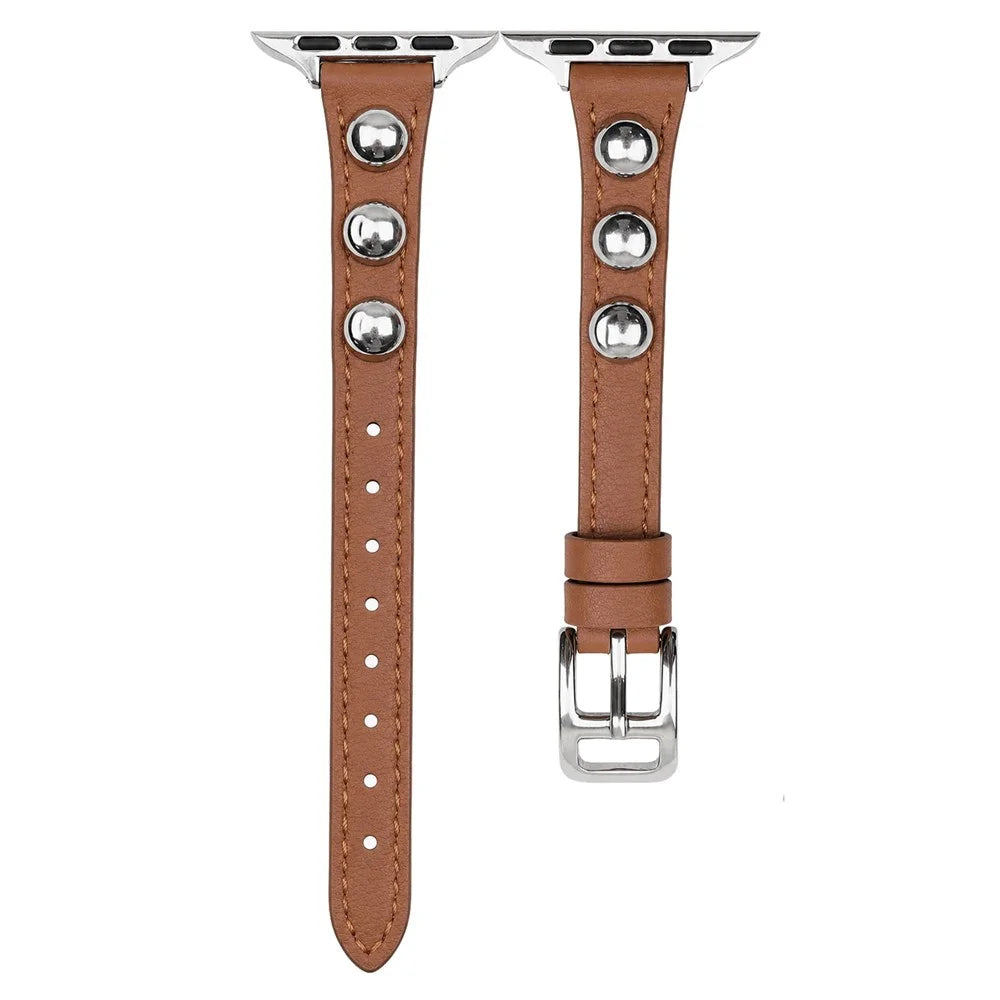 PU Leather Strap for Apple Watch Series 11 10 42mm / 9 8 7 41mm / SE3 SE2 SE 6 5 4 40mm / 3 2 1 38mm Rivet Studded Slim Watch Band - Dark Brown - 1