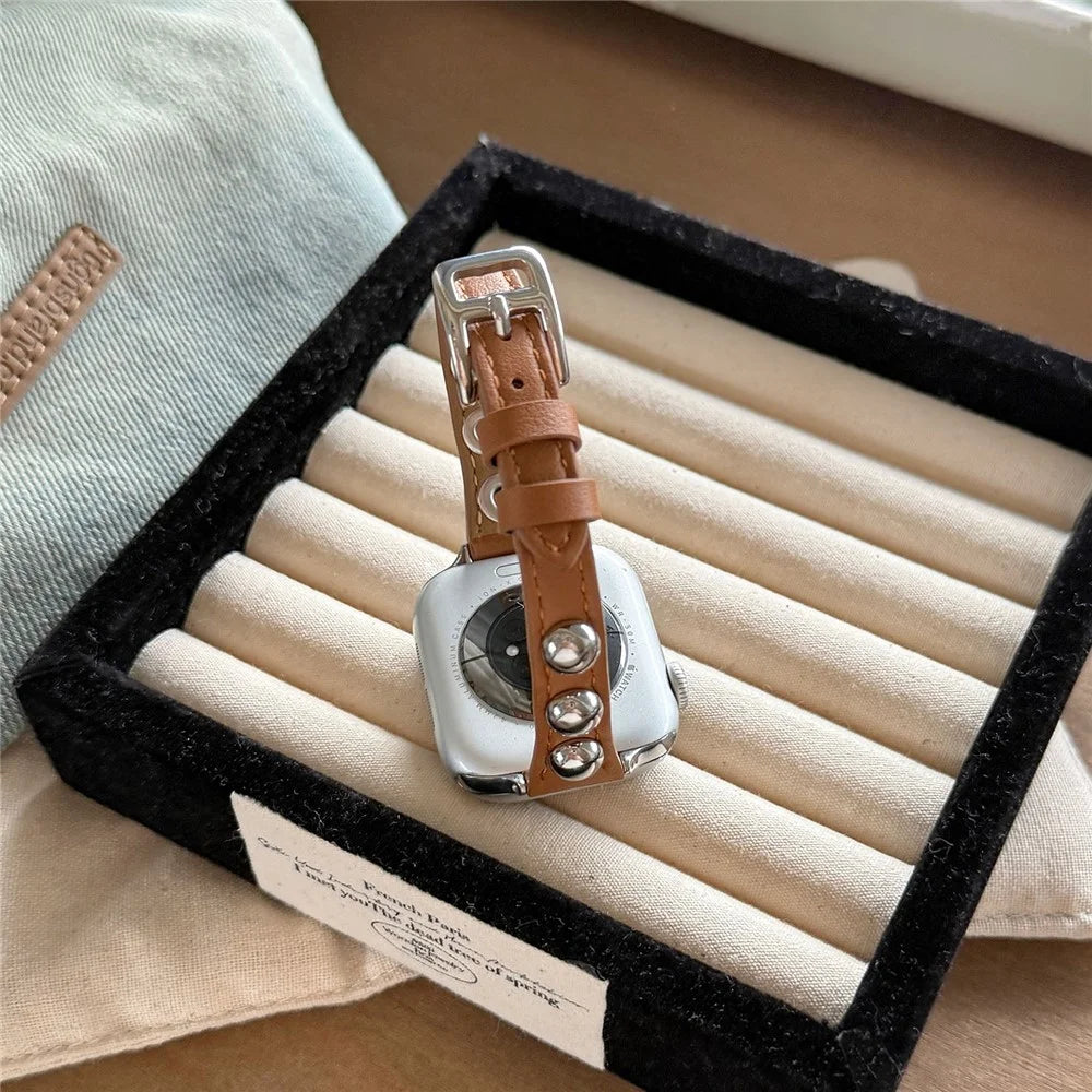 PU Leather Strap for Apple Watch Series 11 10 42mm / 9 8 7 41mm / SE3 SE2 SE 6 5 4 40mm / 3 2 1 38mm Rivet Studded Slim Watch Band - Dark Brown - 5