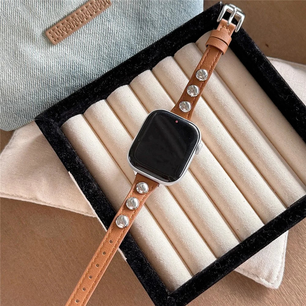 PU Leather Strap for Apple Watch Series 11 10 42mm / 9 8 7 41mm / SE3 SE2 SE 6 5 4 40mm / 3 2 1 38mm Rivet Studded Slim Watch Band - Dark Brown - 7