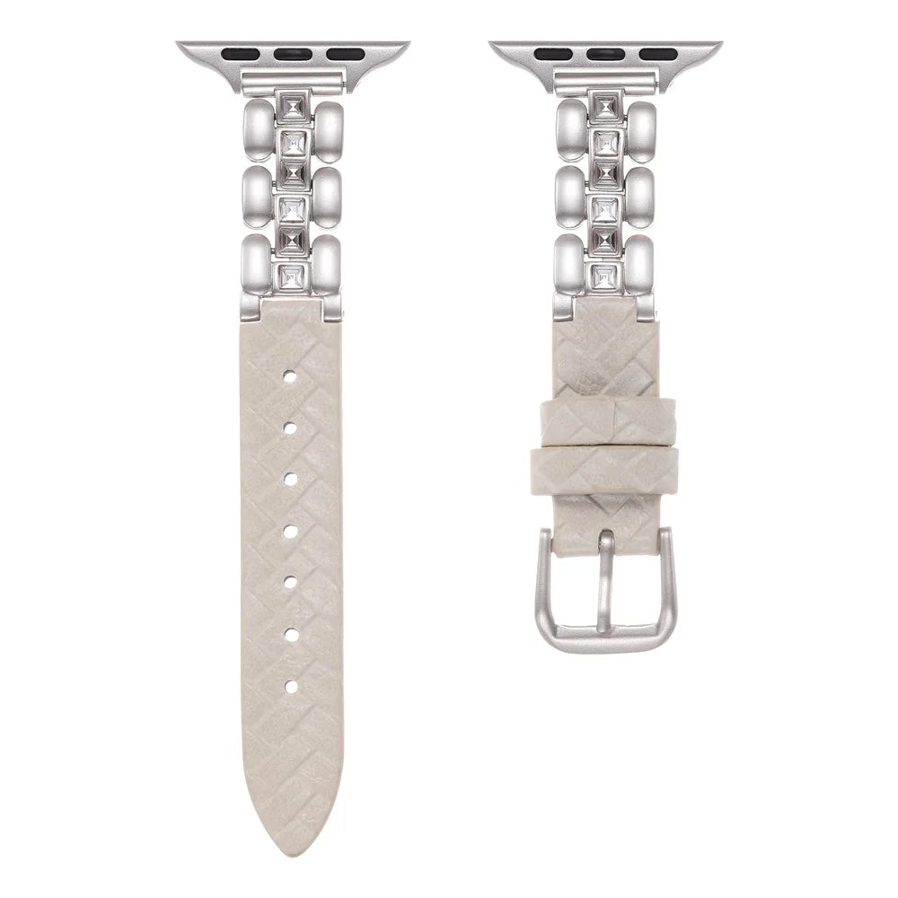 Genuine Cow Leather Strap for Apple Watch Series 11 10 42mm / 9 8 7 41mm / SE3 SE2 SE 6 5 4 40mm / 3 2 1 38mm Watch Band with Square Rhinestones - Starlight - 1