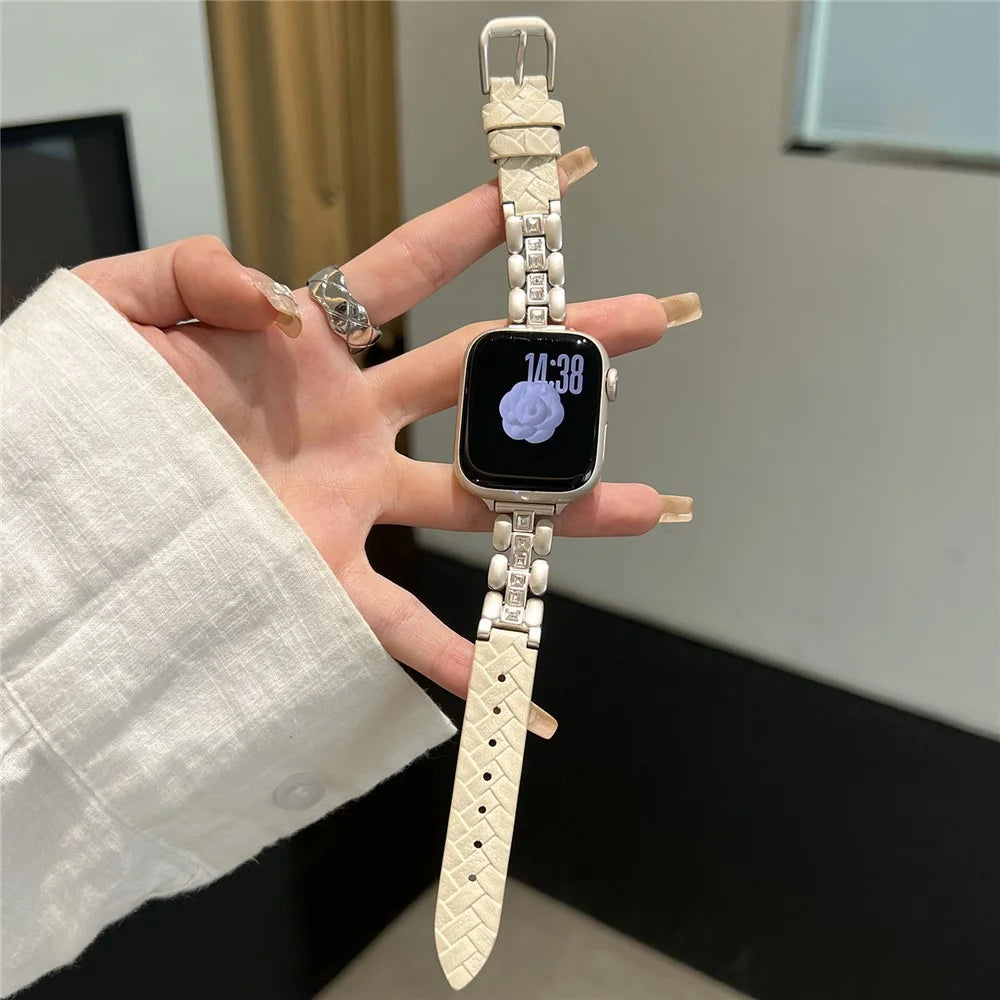 Genuine Cow Leather Strap for Apple Watch Series 11 10 42mm / 9 8 7 41mm / SE3 SE2 SE 6 5 4 40mm / 3 2 1 38mm Watch Band with Square Rhinestones - Starlight - 2