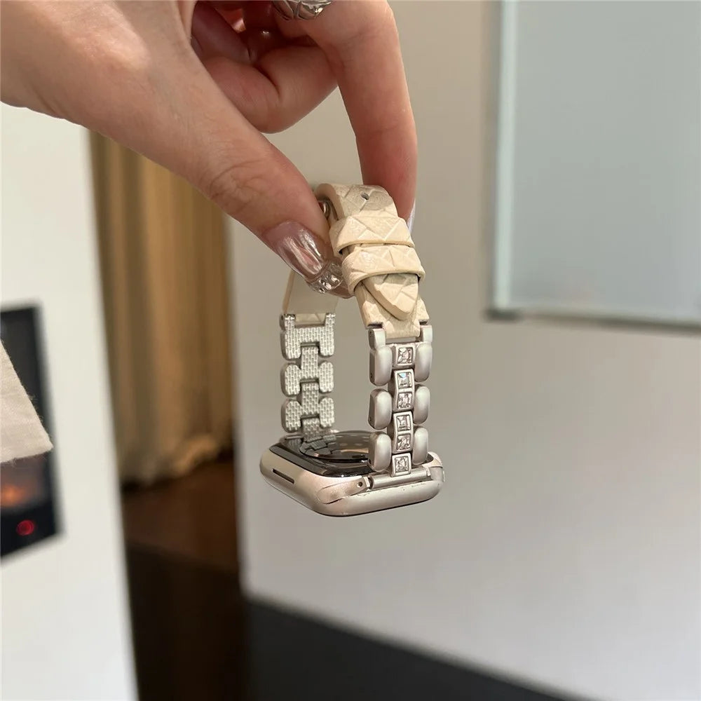 Genuine Cow Leather Strap for Apple Watch Series 11 10 42mm / 9 8 7 41mm / SE3 SE2 SE 6 5 4 40mm / 3 2 1 38mm Watch Band with Square Rhinestones - Starlight - 3