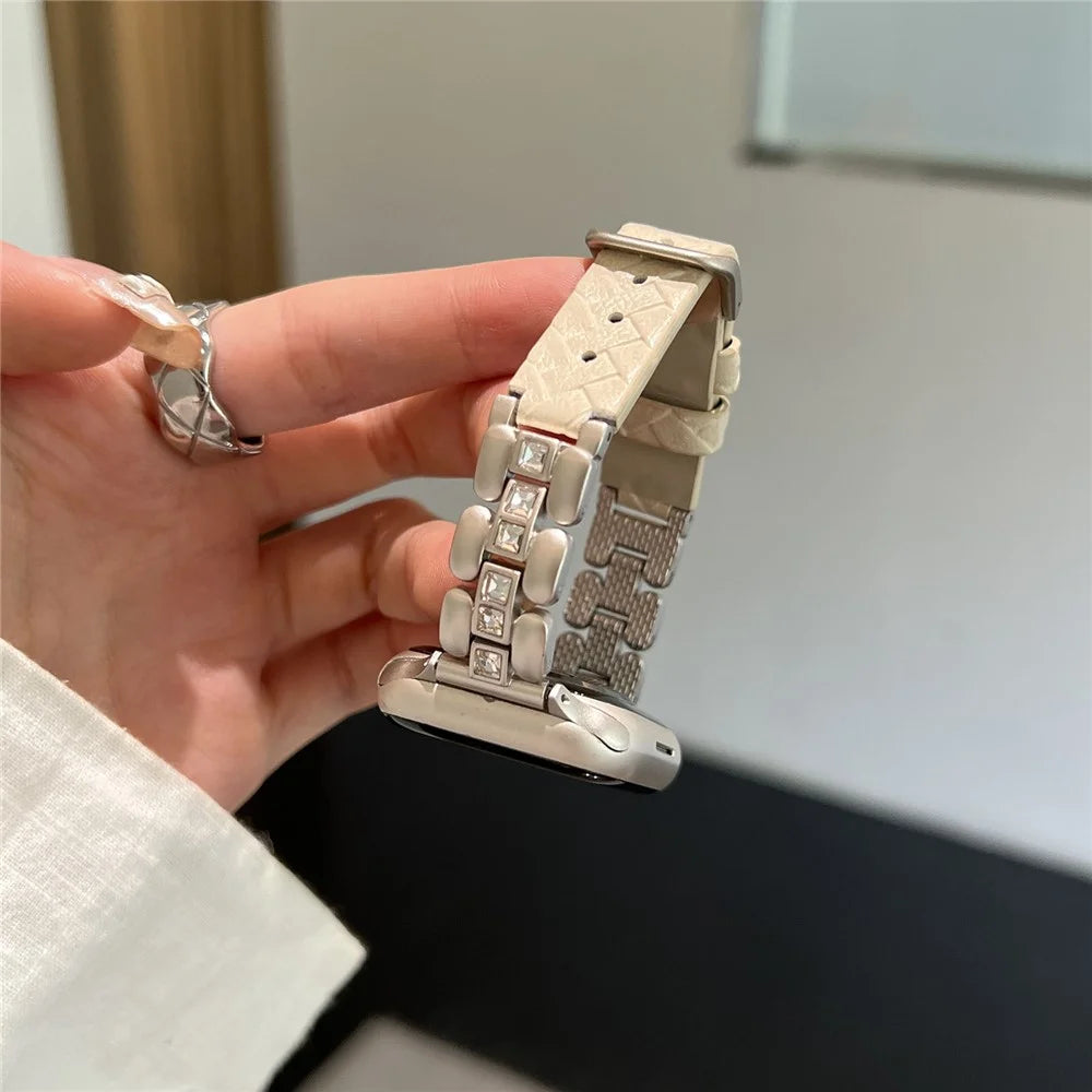 Genuine Cow Leather Strap for Apple Watch Series 11 10 42mm / 9 8 7 41mm / SE3 SE2 SE 6 5 4 40mm / 3 2 1 38mm Watch Band with Square Rhinestones - Starlight - 4