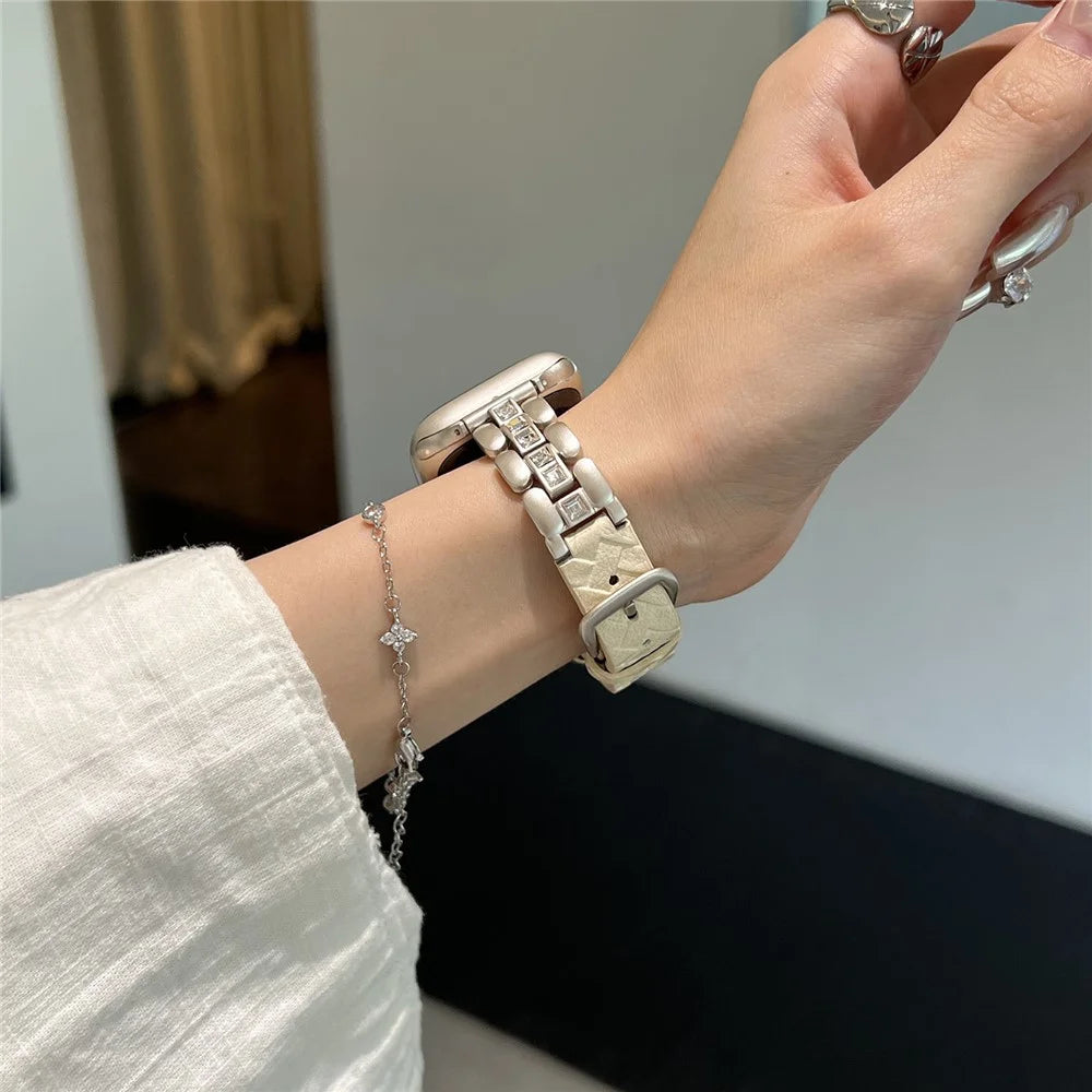 Genuine Cow Leather Strap for Apple Watch Series 11 10 42mm / 9 8 7 41mm / SE3 SE2 SE 6 5 4 40mm / 3 2 1 38mm Watch Band with Square Rhinestones - Starlight - 7