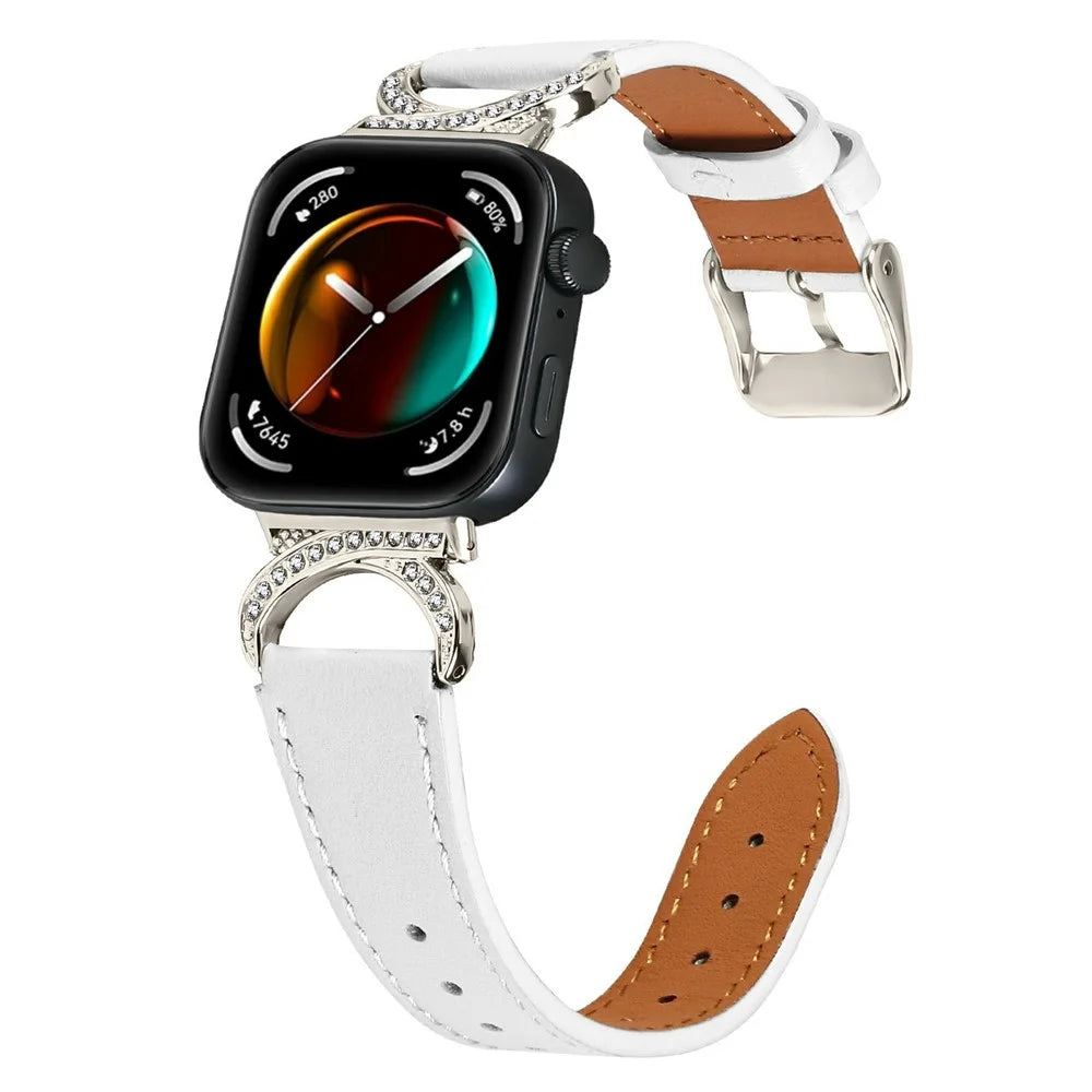 Genuine Cow Leather Strap with Starlight Buckle for Huawei Watch Fit 4 / Fit 4 Pro / Fit 3 , Rhinestone Connector Watch Band - White - 2
