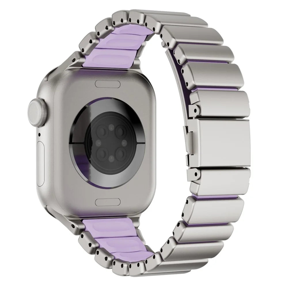 Strap for Apple Watch Series 11 10 42mm / 9 8 7 41mm / SE3 SE2 SE 6 5 4 40mm / 3 2 1 38mm Stainless Steel + Silicone Replacement Band with Fold-over Clasp - Titanium+Purple - 1