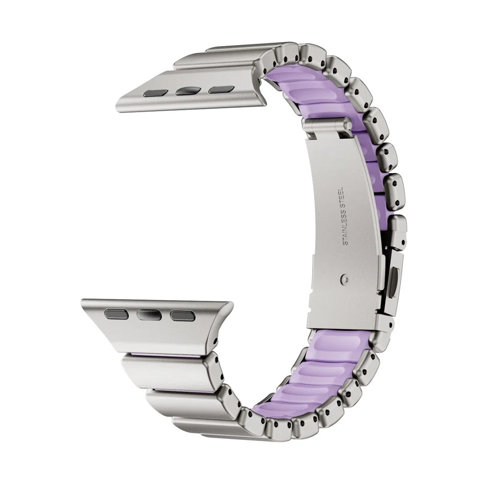 Strap for Apple Watch Series 11 10 42mm / 9 8 7 41mm / SE3 SE2 SE 6 5 4 40mm / 3 2 1 38mm Stainless Steel + Silicone Replacement Band with Fold-over Clasp - Titanium+Purple - 2