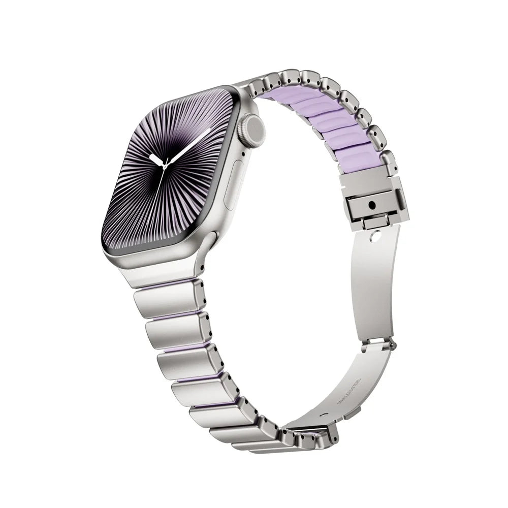 Strap for Apple Watch Series 11 10 42mm / 9 8 7 41mm / SE3 SE2 SE 6 5 4 40mm / 3 2 1 38mm Stainless Steel + Silicone Replacement Band with Fold-over Clasp - Titanium+Purple - 4