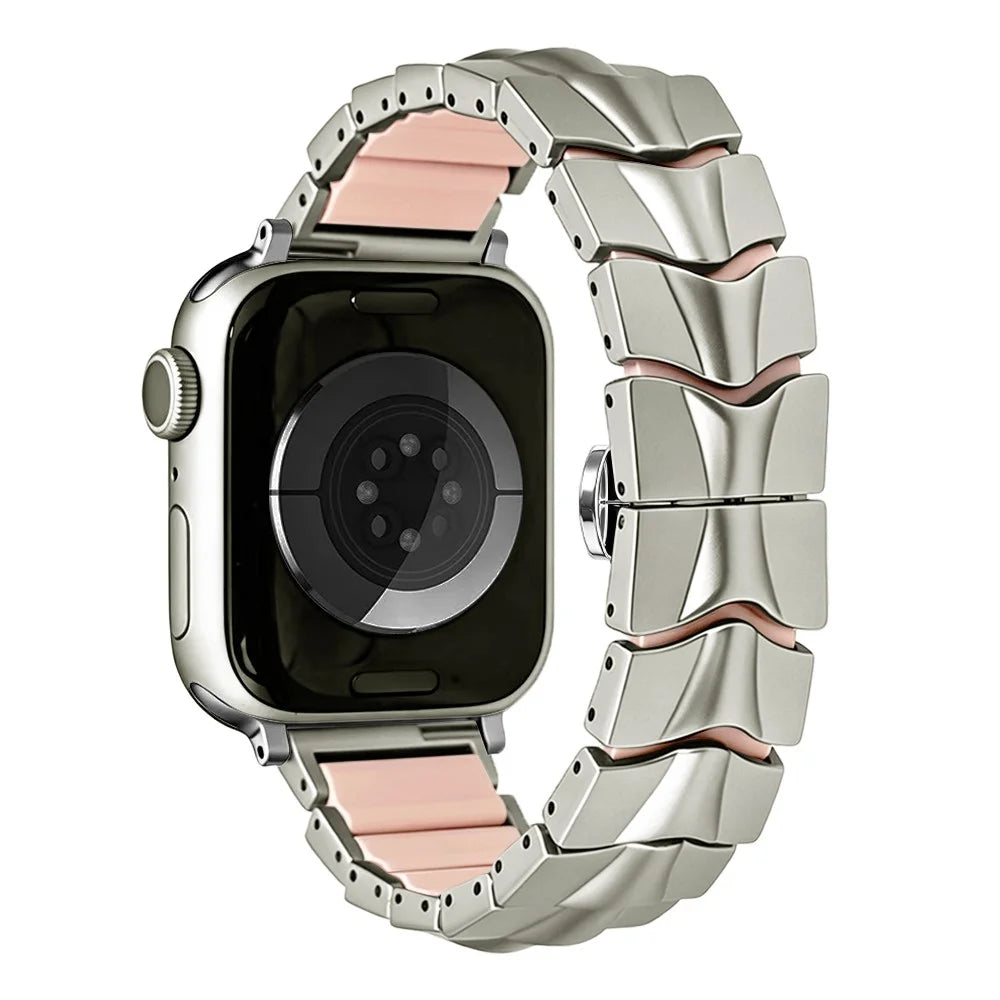 Metal + Silicone Strap for Apple Watch Ultra 3 2 1 49mm / Series 11 10 46mm / 9 8 7 45mm / SE3 SE2 SE 6 5 4 44mm / 3 2 1 42mm Wave-Shaped Link Band Replacement Wristband - Starlight+Pink - 1