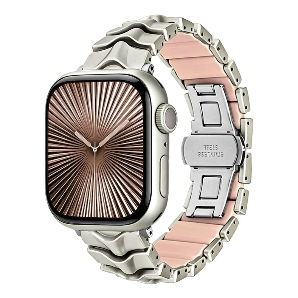 Metal + Silicone Strap for Apple Watch Ultra 3 2 1 49mm / Series 11 10 46mm / 9 8 7 45mm / SE3 SE2 SE 6 5 4 44mm / 3 2 1 42mm Wave-Shaped Link Band Replacement Wristband - Starlight+Pink - 2