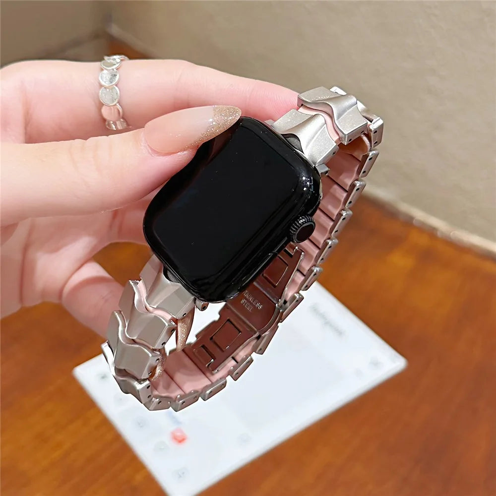 Metal + Silicone Strap for Apple Watch Ultra 3 2 1 49mm / Series 11 10 46mm / 9 8 7 45mm / SE3 SE2 SE 6 5 4 44mm / 3 2 1 42mm Wave-Shaped Link Band Replacement Wristband - Starlight+Pink - 4