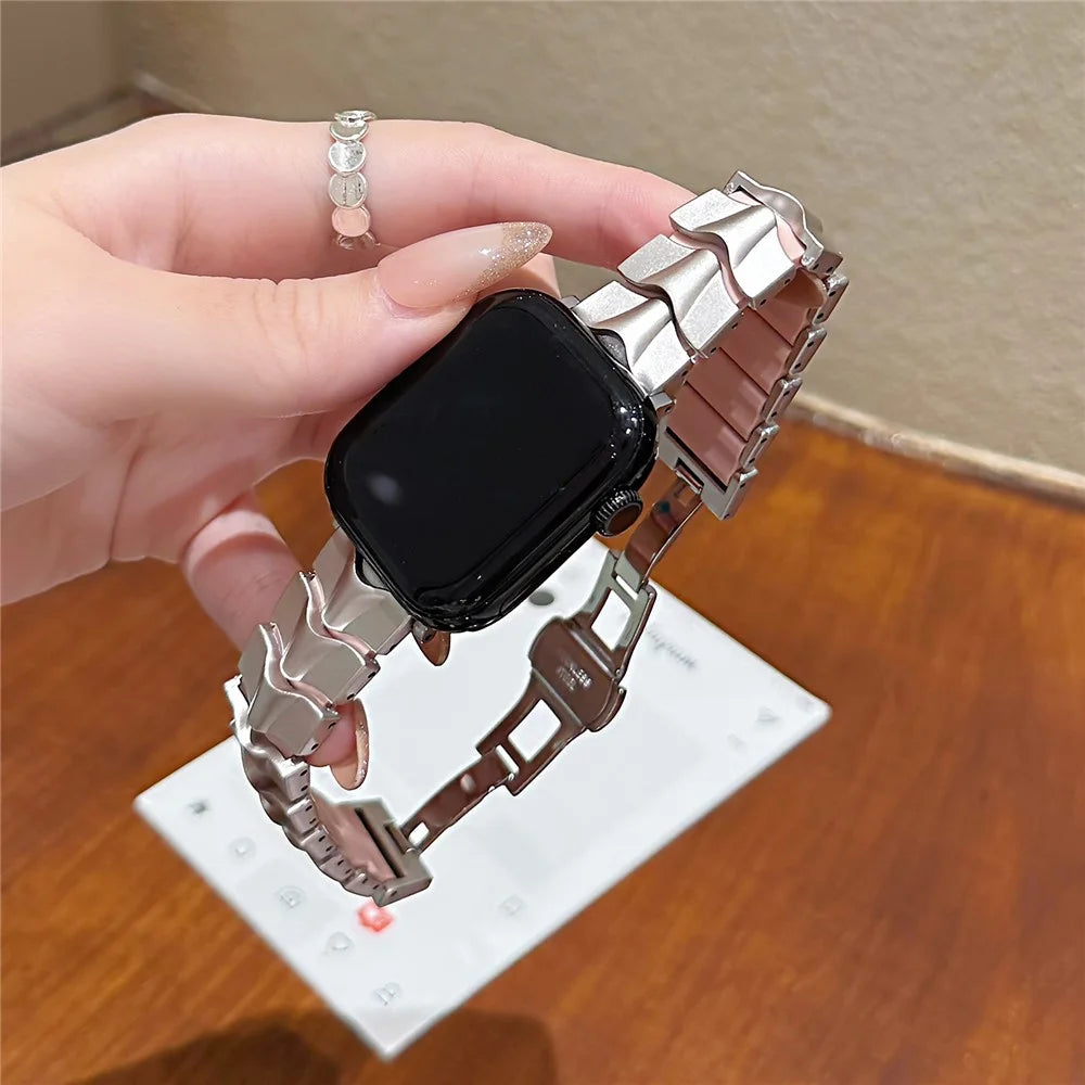 Metal + Silicone Strap for Apple Watch Ultra 3 2 1 49mm / Series 11 10 46mm / 9 8 7 45mm / SE3 SE2 SE 6 5 4 44mm / 3 2 1 42mm Wave-Shaped Link Band Replacement Wristband - Starlight+Pink - 5