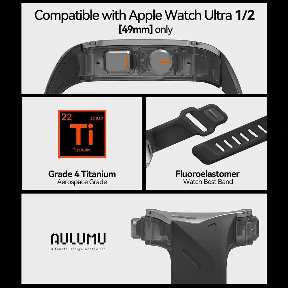 AULUMU A01 For Apple Watch Ultra 2 49mm / Ultra 49mm Fluoroelastomer Strap with Integrated Titanium Alloy + PC Watch Case - Black - 3