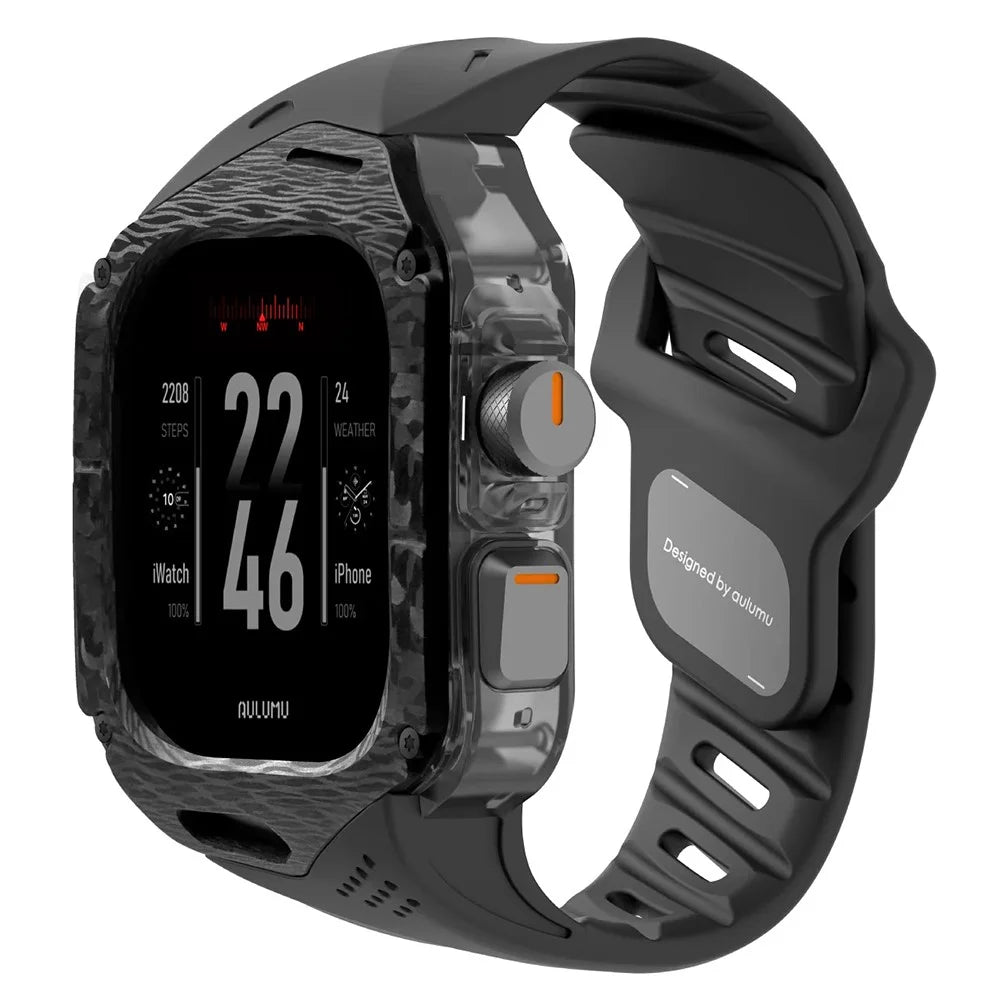 AULUMU A01 For Apple Watch Ultra 2 49mm / Ultra 49mm Fluoroelastomer Strap with Integrated Carbon Fiber + PC Watch Case - Black - 1