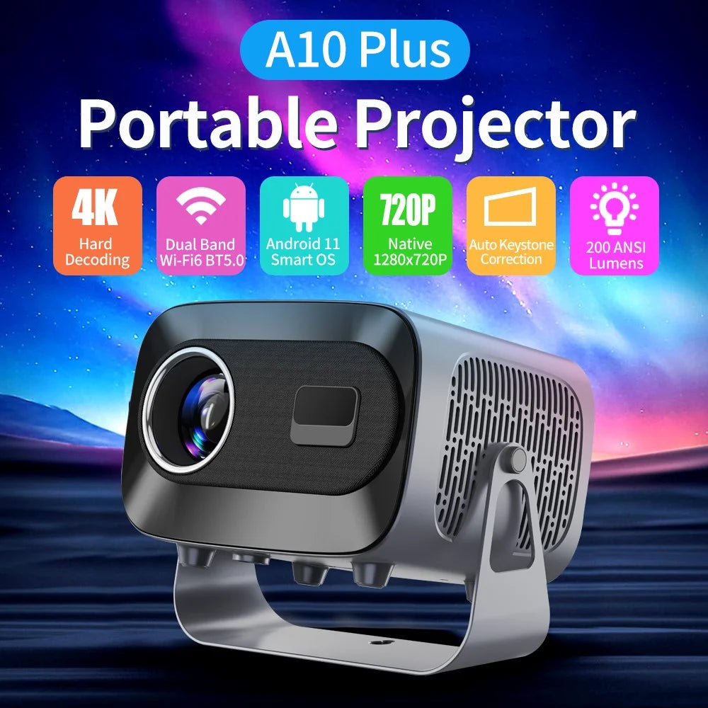 A10 PLUS Portable Smart Projector 720P Native 4K Decoding Android 11 WiFi 200 ANSI Lumens Home Theater - Black / EU Plug - 4