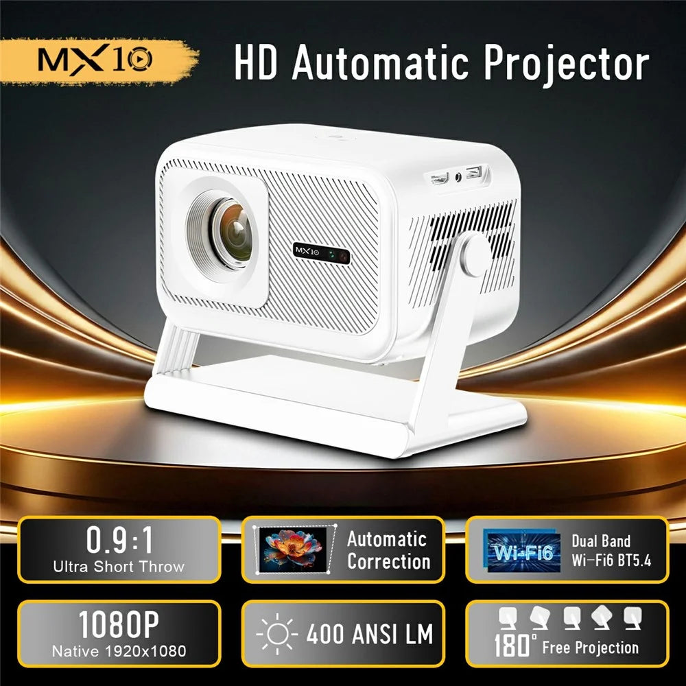 MX10 Mini Projector 4K 1080P 400 ANSI Lumens Bluetooth-compatible WiFi 6 Electric Auto Focus Portable Projector for Home Theater - White / EU Plug - 3