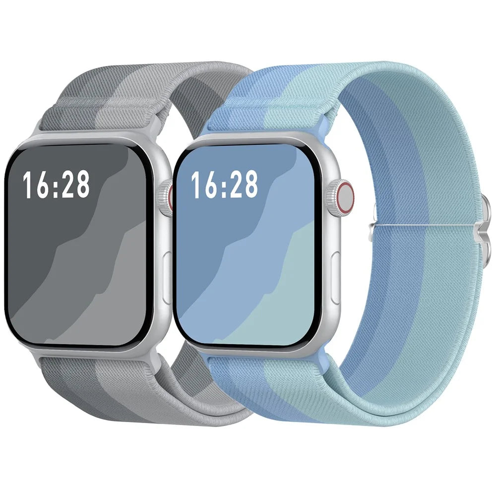 AHASTYLE WE26 2Pcs Sport Bands for Apple Watch Ultra 3 2 1 49mm / Series 11 10 46mm / 9 8 7 45mm / SE3 SE2 SE 6 5 4 44mm / 3 2 1 42mm Gradient Nylon Woven Stretchy Breathable Wristband - Grey + Blue - 1