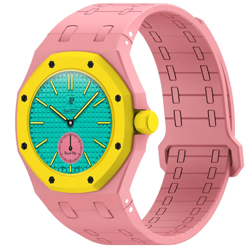 For Swatch Royal Pop Silicone Magnetic Strap with Case Watch Band Replacement - Pink / 3 O'Clock Crown - 2
