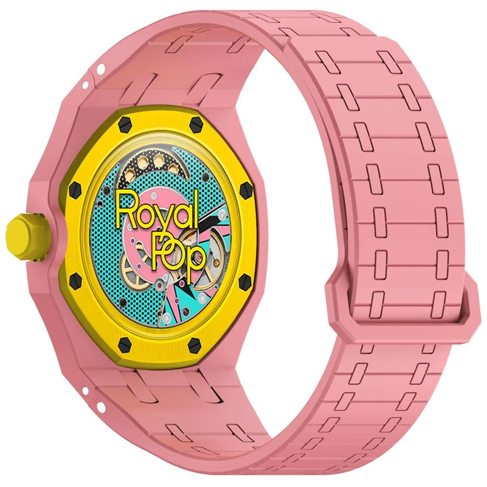For Swatch Royal Pop Silicone Magnetic Strap with Case Watch Band Replacement - Pink / 3 O'Clock Crown - 3