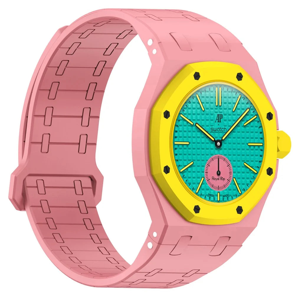 For Swatch Royal Pop Silicone Magnetic Strap with Case Watch Band Replacement - Pink / 3 O'Clock Crown - 5