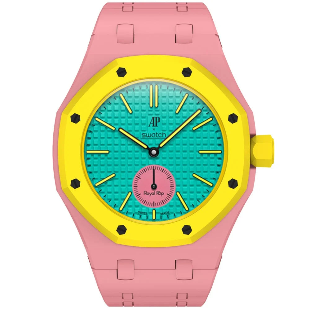 For Swatch Royal Pop Silicone Magnetic Strap with Case Watch Band Replacement - Pink / 3 O'Clock Crown - 6