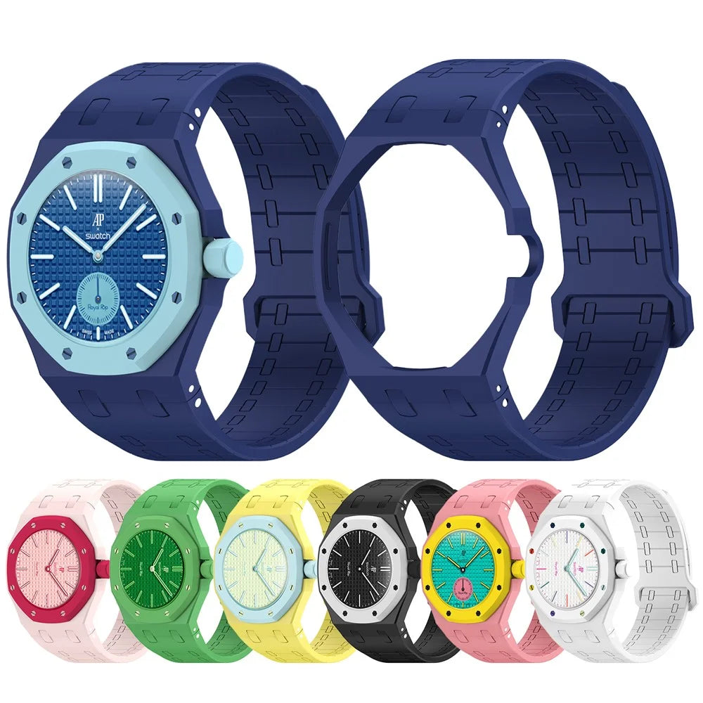 For Swatch Royal Pop Silicone Magnetic Strap with Case Watch Band Replacement - Pink / 3 O'Clock Crown - 7