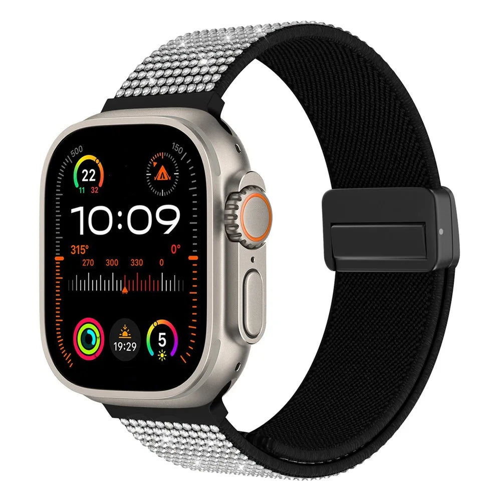 Magnetic Strap for Apple Watch Series 11 10 42mm / 9 8 7 41mm / SE3 SE2 SE 6 5 4 40mm / 3 2 1 38mm Rhinestone Nylon Loop Watch Band - Black / White Rhinestone - 2