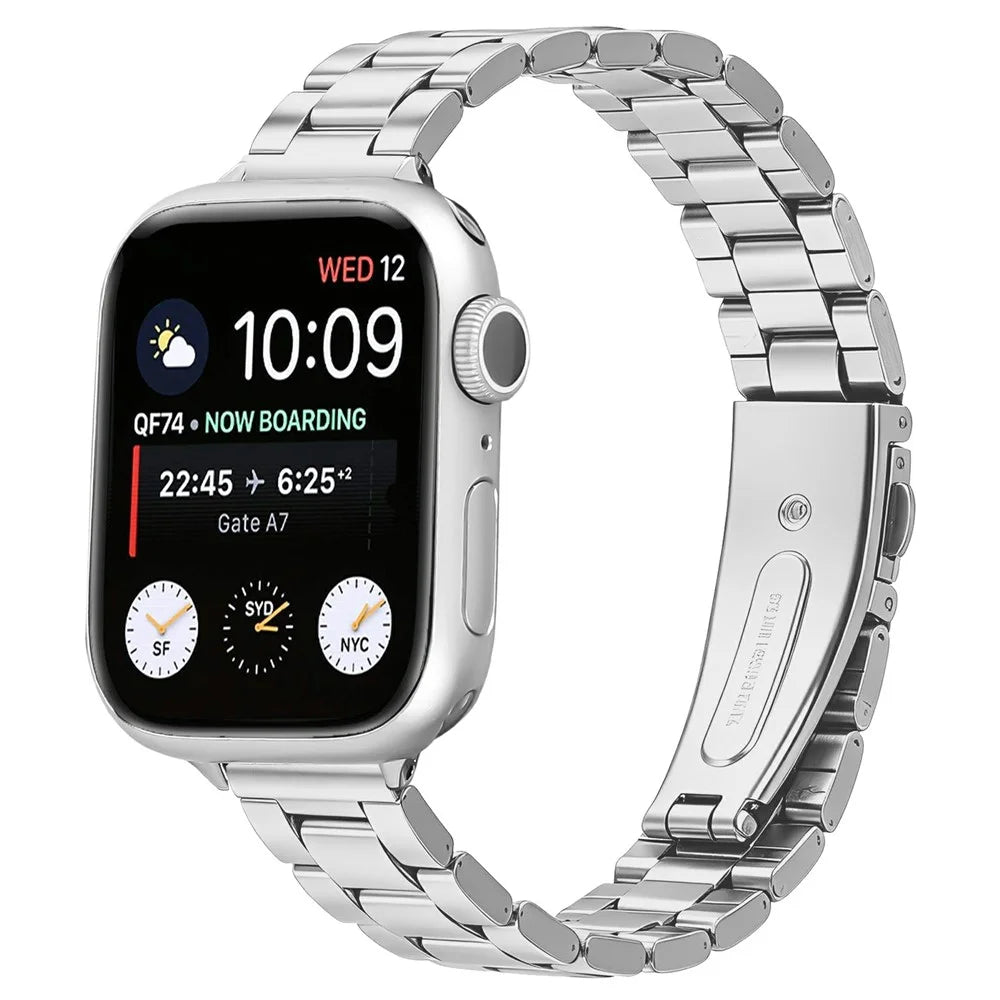 Stainless Steel Band for Apple Watch Ultra 3 2 1 49mm / Series 11 10 46mm / 9 8 7 45mm / SE3 SE2 SE 6 5 4 44mm / 3 2 1 42mm Three-bead Watch Strap with Folding Clasp - Silver - 2