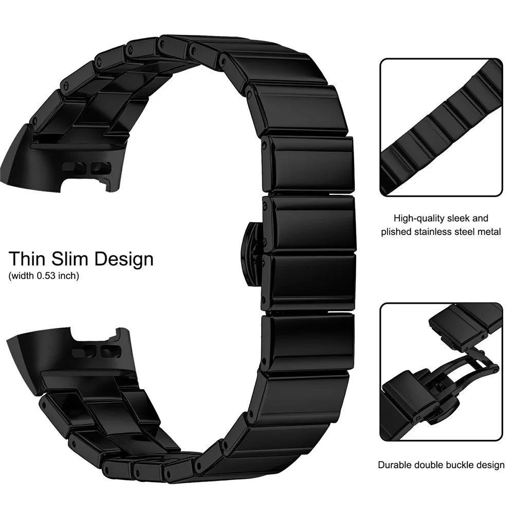 For Fitbit Charge 3 Watch Band One-bead Stainless Steel Smart Watch Bracelet with Butterfly Buckle - Black - 3