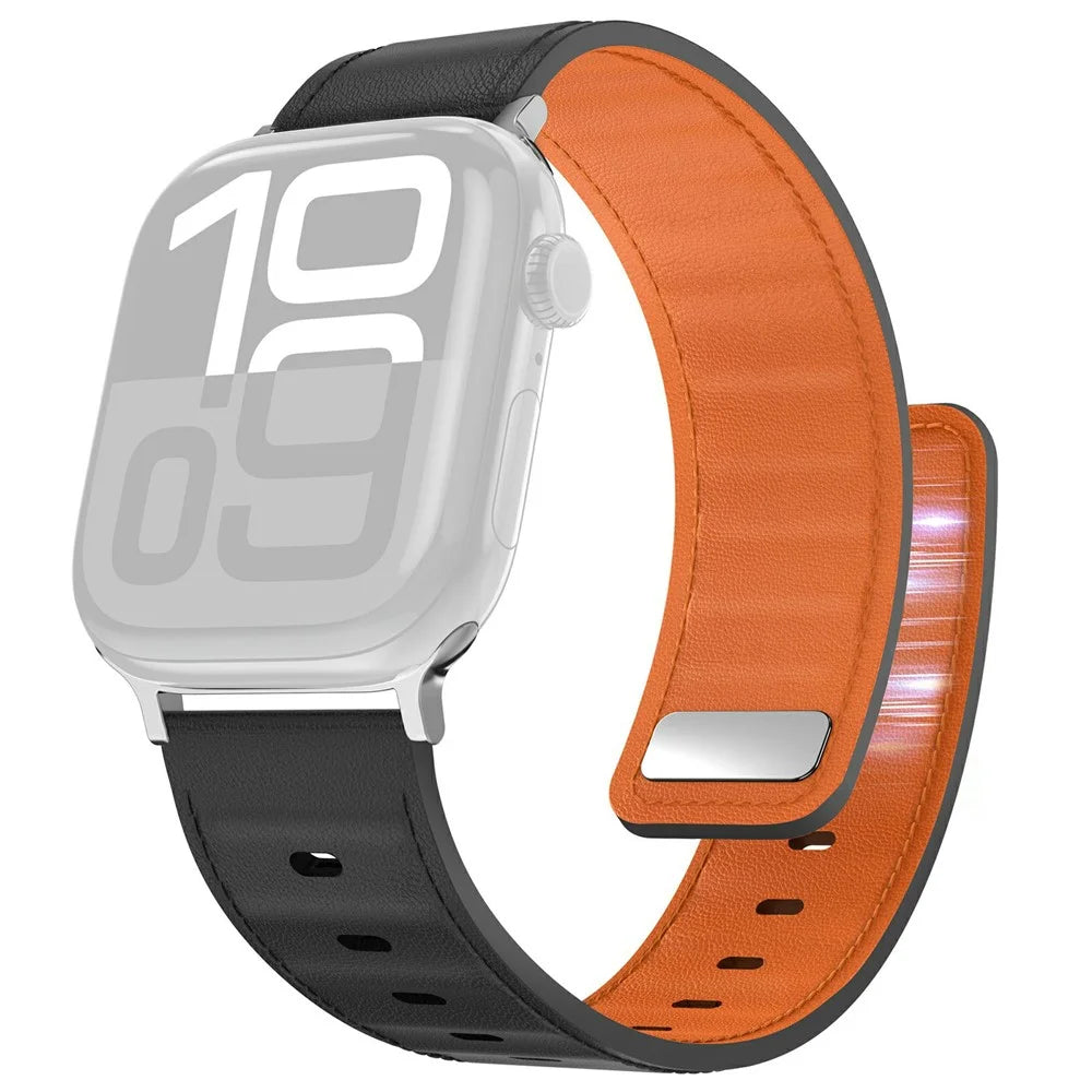 AHASTYLE BO06 Genuine Cow Leather Strap for Apple Watch Ultra 3 2 1 49mm / Series 11 10 46mm / 9 8 7 45mm / SE3 SE2 SE 6 5 4 44mm / 3 2 1 42mm Pin Buckle Magnetic Watch Band - Black+Orange - 1