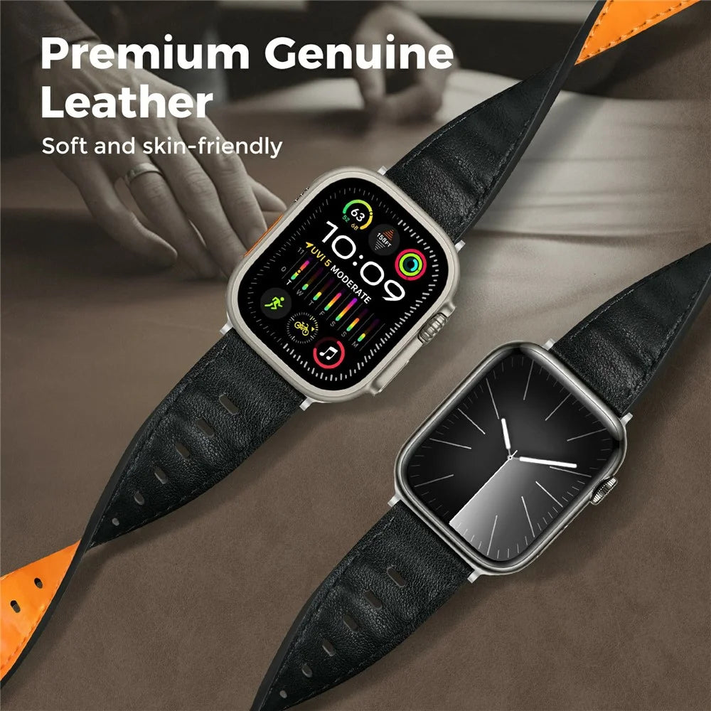 AHASTYLE BO06 Genuine Cow Leather Strap for Apple Watch Ultra 3 2 1 49mm / Series 11 10 46mm / 9 8 7 45mm / SE3 SE2 SE 6 5 4 44mm / 3 2 1 42mm Pin Buckle Magnetic Watch Band - Black+Orange - 4