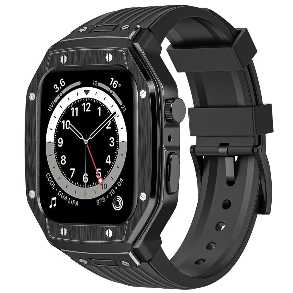 AHASTYLE WE27 Watch Band for Apple Watch Series 9 8 7 45mm / SE3 SE2 SE 6 5 4 44mm PC+TPU Integrated Strap with Aluminum Alloy Protective Case - Black+Black - 1