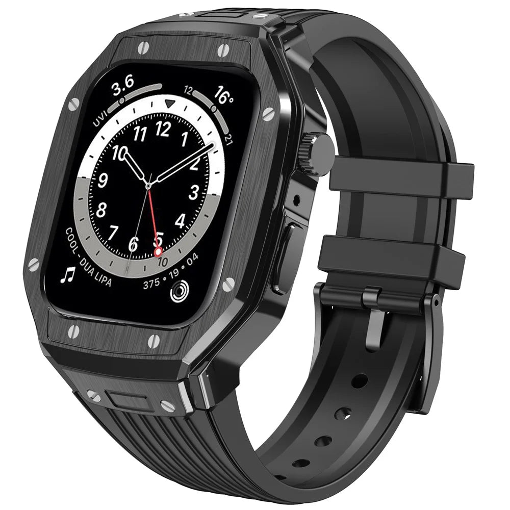 AHASTYLE WE27 Watch Band for Apple Watch Series 9 8 7 45mm / SE3 SE2 SE 6 5 4 44mm PC+TPU Integrated Strap with Aluminum Alloy Protective Case - Black+Black - 2