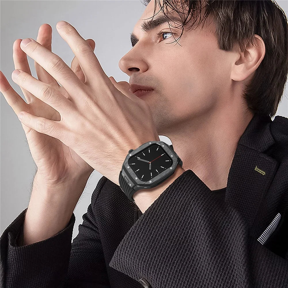 AHASTYLE WE27 Watch Band for Apple Watch Series 9 8 7 45mm / SE3 SE2 SE 6 5 4 44mm PC+TPU Integrated Strap with Aluminum Alloy Protective Case - Black+Black - 3