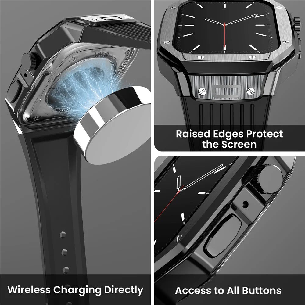 AHASTYLE WE27 Watch Band for Apple Watch Series 9 8 7 45mm / SE3 SE2 SE 6 5 4 44mm PC+TPU Integrated Strap with Aluminum Alloy Protective Case - Black+Black - 4