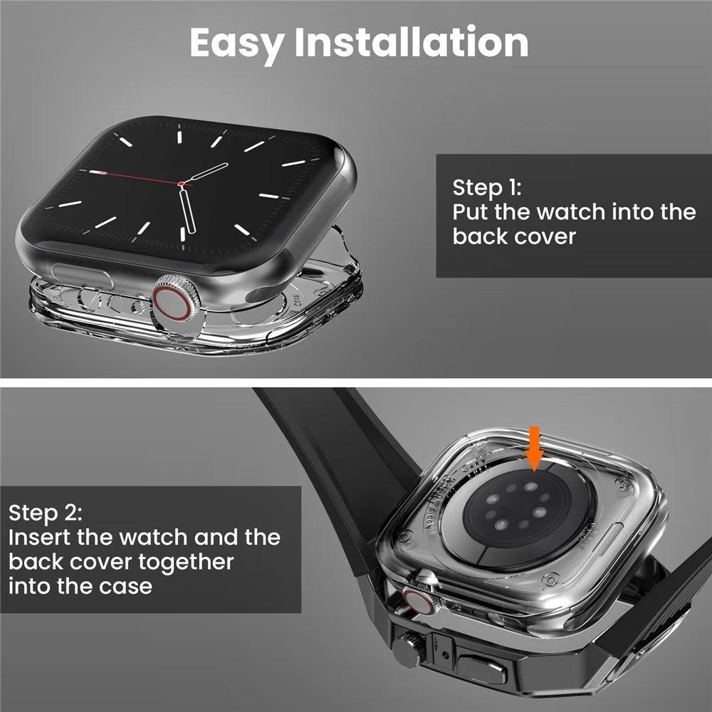AHASTYLE WE27 Watch Band for Apple Watch Series 9 8 7 45mm / SE3 SE2 SE 6 5 4 44mm PC+TPU Integrated Strap with Aluminum Alloy Protective Case - Black+Black - 5
